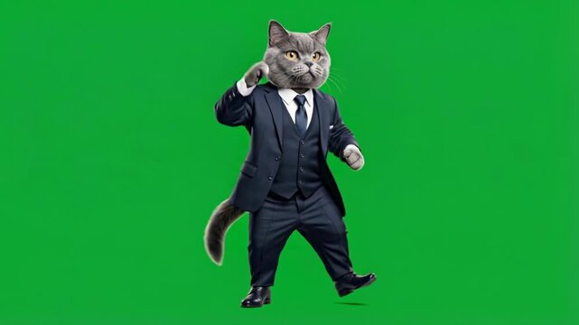 Funny cat character dressed in business suit dancing enthusiastically on green screen chroma key