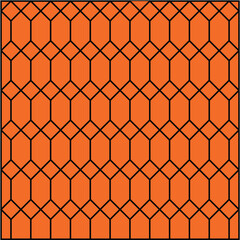 Fototapeta premium Black grid pattern created from diamonds and irregular hexagons on a orange background