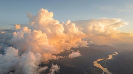 Golden clouds over a winding river valley.