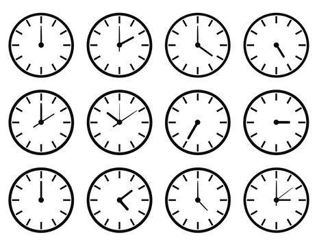 A grid displays twelve simple, black-and-white analog clocks, each showing a different time, ranging from 12 o'clock to 3 o'clock and back