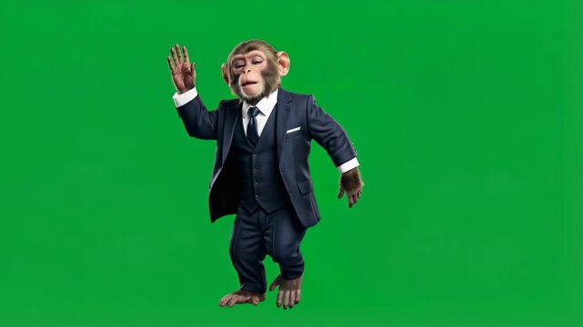 Funny monkey character dressed in business suit dancing enthusiastically on green screen chroma key