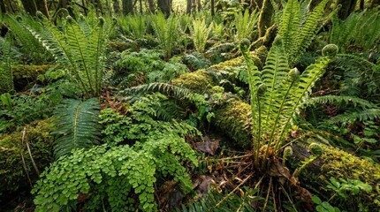 Fototapeta premium Lush ferns and moss in a verdant, shadowed forest.