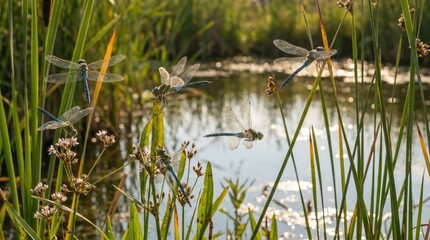 Obraz premium Dragonflies in a sunlit marsh, vibrant colors, peaceful scene.