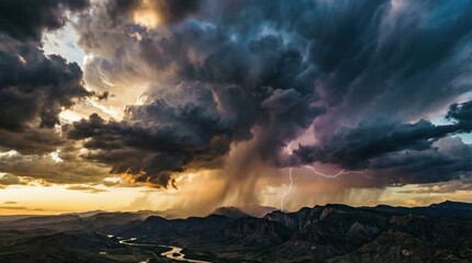 Dramatic thunderstorm over mountain range, lightning strike.