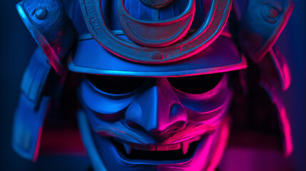 Neon samurai mask closeup