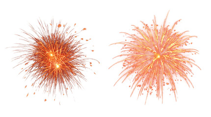 Two vibrant bursts of orange and yellow fireworks illuminating the night sky with dazzling sparks and trails, celebrating joy