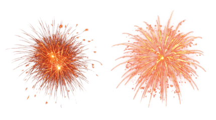 Two vibrant bursts of orange and yellow fireworks illuminating the night sky with dazzling sparks and trails, celebrating joy