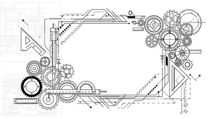 Technical drawing of mechanical gears and machinery components