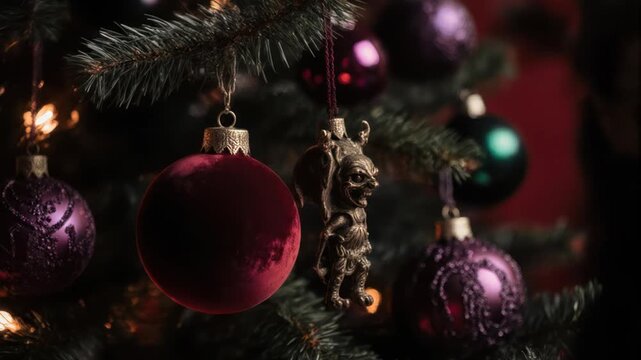 Festive Christmas tree adorned with sparkling ornaments and a whimsical devilish figurine adds a