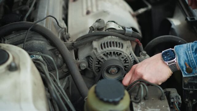 Vehicle repair detailed, Automobile engine service inspection, Automotive mechanic analyzing engine components carefully, Closeup of car engine repair process with focus on alternator
