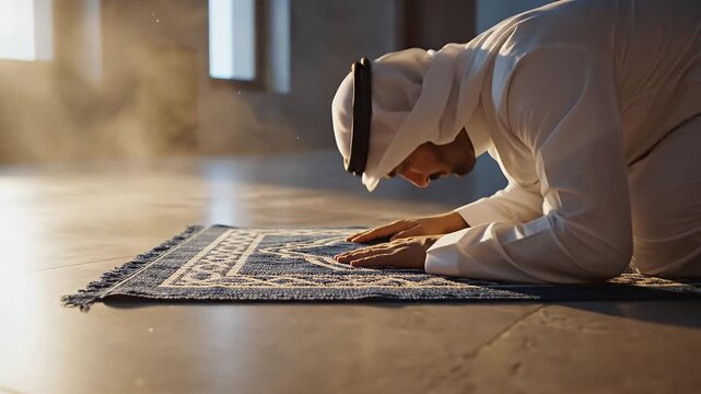 Observing spiritual devotion during Ramadan, a faithful man performs prayer in prostration on a mat, bathed in a serene light