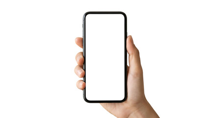 Hand holding a modern smartphone with a blank white screen, perfect for showcasing app interfaces or website designs