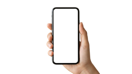 Hand holding a modern smartphone with a blank white screen, perfect for showcasing app interfaces or website designs