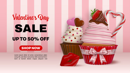 valentine's day sale background with sweets on background with pink stripes. valentine sale poster with funny cupcakes