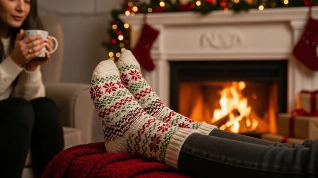 Cozy Christmas evening: Feet in festive socks by warm fireplace with steam from hot drink