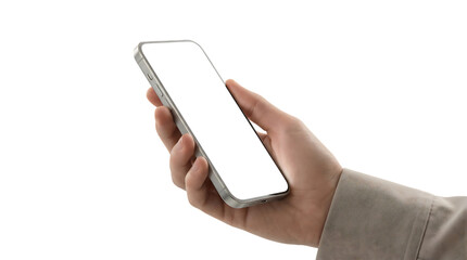 Person holding a modern smartphone with a blank screen, ready for content creation or app usage
