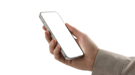 Person holding a modern smartphone with a blank screen, ready for content creation or app usage