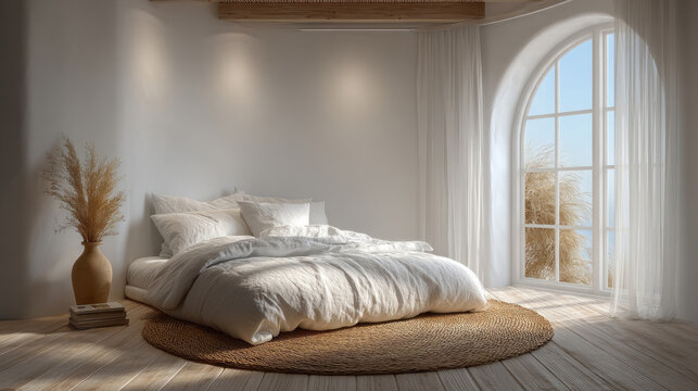 Cozy bedroom interior featuring a large bed with white bedding, round woven rug, and a window with natural light illuminating the space and plants outside