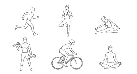 Obraz premium Line drawings of people exercising in various fitness activities