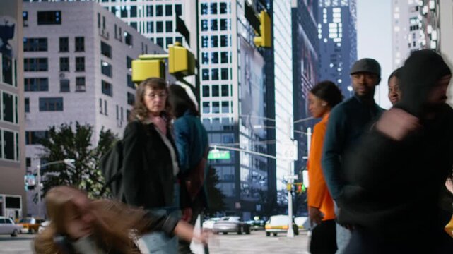 Crime scene illustrates hooded criminal snatching and stealing backpack from young girl, witnesses in urban crowd displaying indifference and no reaction during risky city life moment. Camera B.