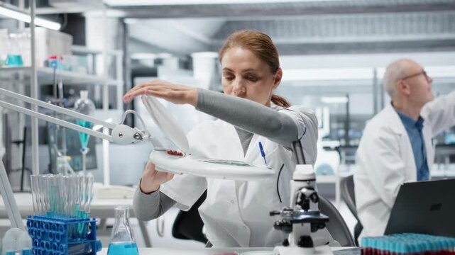 Microbiologist holding petri dish up to light to check for bacterial colony growth. Female technician inspecting agar plate culture for visible signs of contamination, camera B