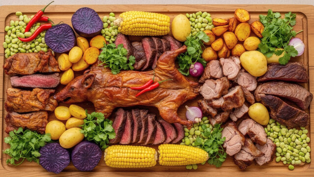 Pachamanca Mixed Meat Feast With Root Vegetables On Rustic Wooden Board