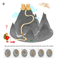 Top view puzzle. Logic game for kids. Can you help the tourist find the correct map showing the way to the castle? 3D maze. Brain teaser book. Developing spatial thinking. IQ test. Hand drawn vector