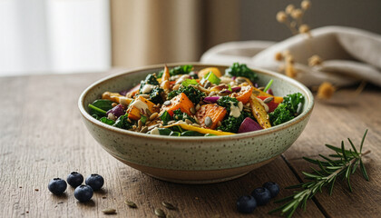 Close up of a healthy plant based meal served in a ceramic bowl on a wooden table in natural daylight.