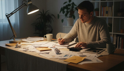 Person reviewing bills and receipts with calculator at table, illustrating budgeting, expenses, and personal finance