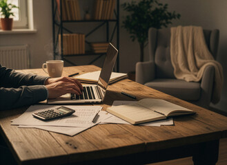Small business owner working with laptop and paperwork at a table in the evening, representing entrepreneurship and financial responsibility