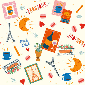 French Cafe Seamless Pattern Vector with Croissants, Wine, Coffee, and Paris Symbols