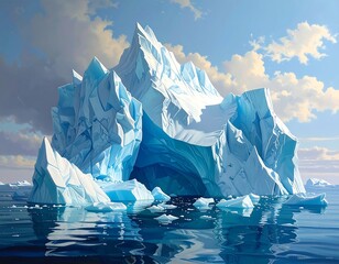 A large ice formation floats in calm ocean waters, bathed in soft light under a cloudy sky. Small ice pieces surround