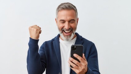 Excitement and Joy as Man Celebrates a Moment While Looking at His Smartphone in a Bright, Minimalist Setting