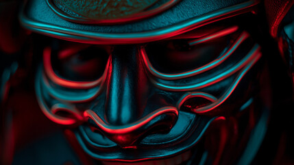 Neon samurai mask closeup