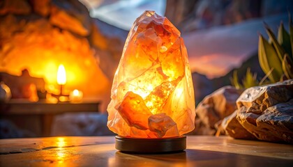 A large, illuminated, orange crystal lamp sits on a table, casting a warm glow. The background is blurred, showing soft light