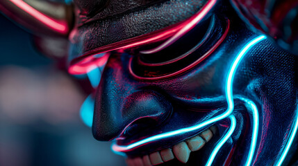 Neon samurai mask closeup