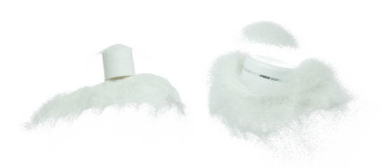 Cosmetic container white bottle fly splashing on white sand. Tube transparent sand powder in mid air. Moisturizer lotion cream bottle explosion flying. White background isolated high speed shutter