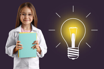 Cute little girl with glasses and books on black background. Drawing of glowing light bulb near her. Studying science