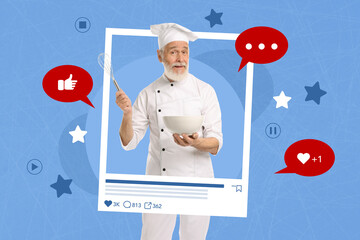 Food blogger. Happy man with whisk and bowl in frame of social media post. Pale blue background