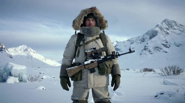 Soldat polaire arm&eacute; dans les montagnes enneig&eacute;es