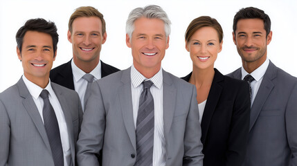 Professional business team smiling confidently in formal attire, showcasing teamwork and collaboration in corporate environment