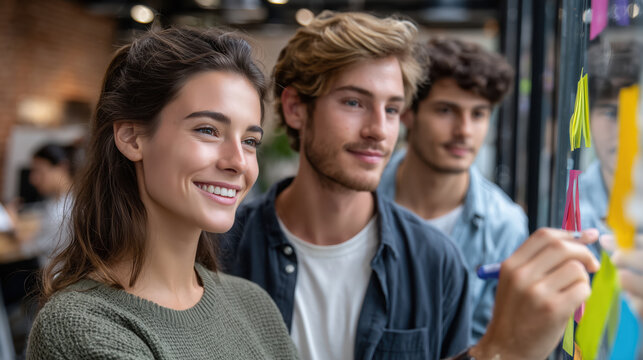Business woman smiling while collaborating with colleagues on project, showcasing teamwork and creativity in modern office environment - Powered by Adobe