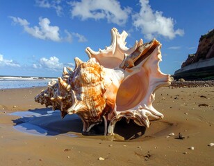A large, intricately shaped seashell rests on a sandy beach, the ocean and blue sky visible in the background