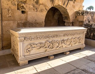 A large, intricately carved, white stone sarcophagus rests within a sunlit, ancient stone structure. Its surface displays detailed relief carvings