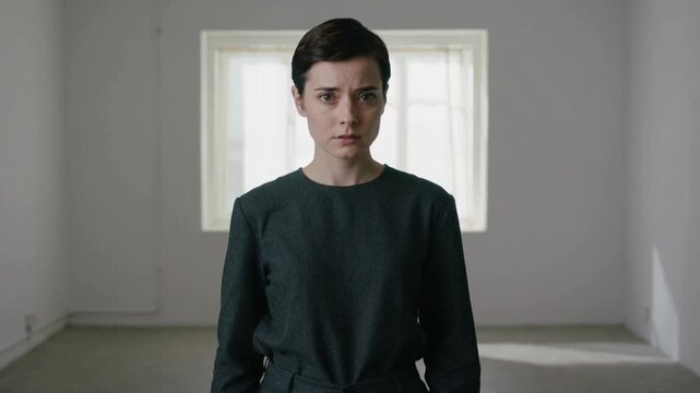 Femme debout dans une pi&egrave;ce minimaliste &eacute;clair&eacute;e naturellement