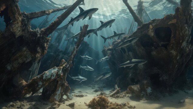 Underwater Scene with Sharks and Fish in a Sunlit Aquarium.