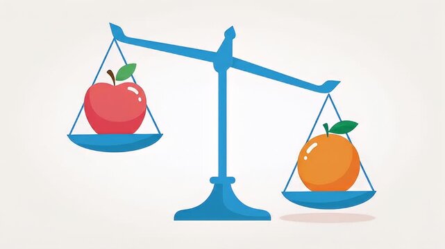 Apple and Orange on an Unequal Balance Scale Illustration Representing Apple to Orange Comparison, Decision Making, Choice Evaluation, and Weighing Healthy Food Options