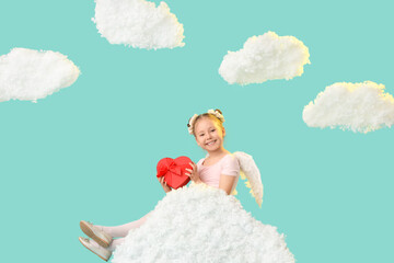 Fototapeta premium Cute little girl dressed as cupid with gift box and clouds on blue background. Valentine's Day celebration