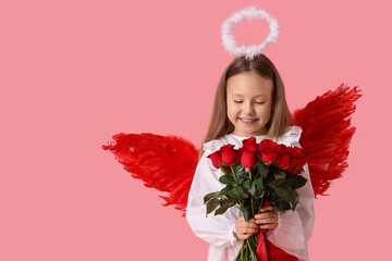 Fototapeta premium Cute little girl dressed as cupid with bouquet of beautiful rose flowers on pink background. Valentine's Day celebration