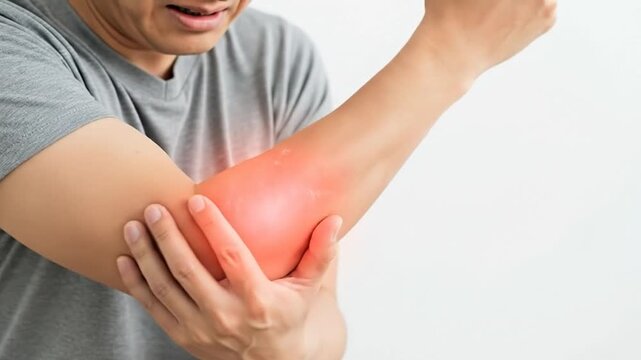 Person Experiencing Acute Pain in Left Elbow Joint with Copy Space